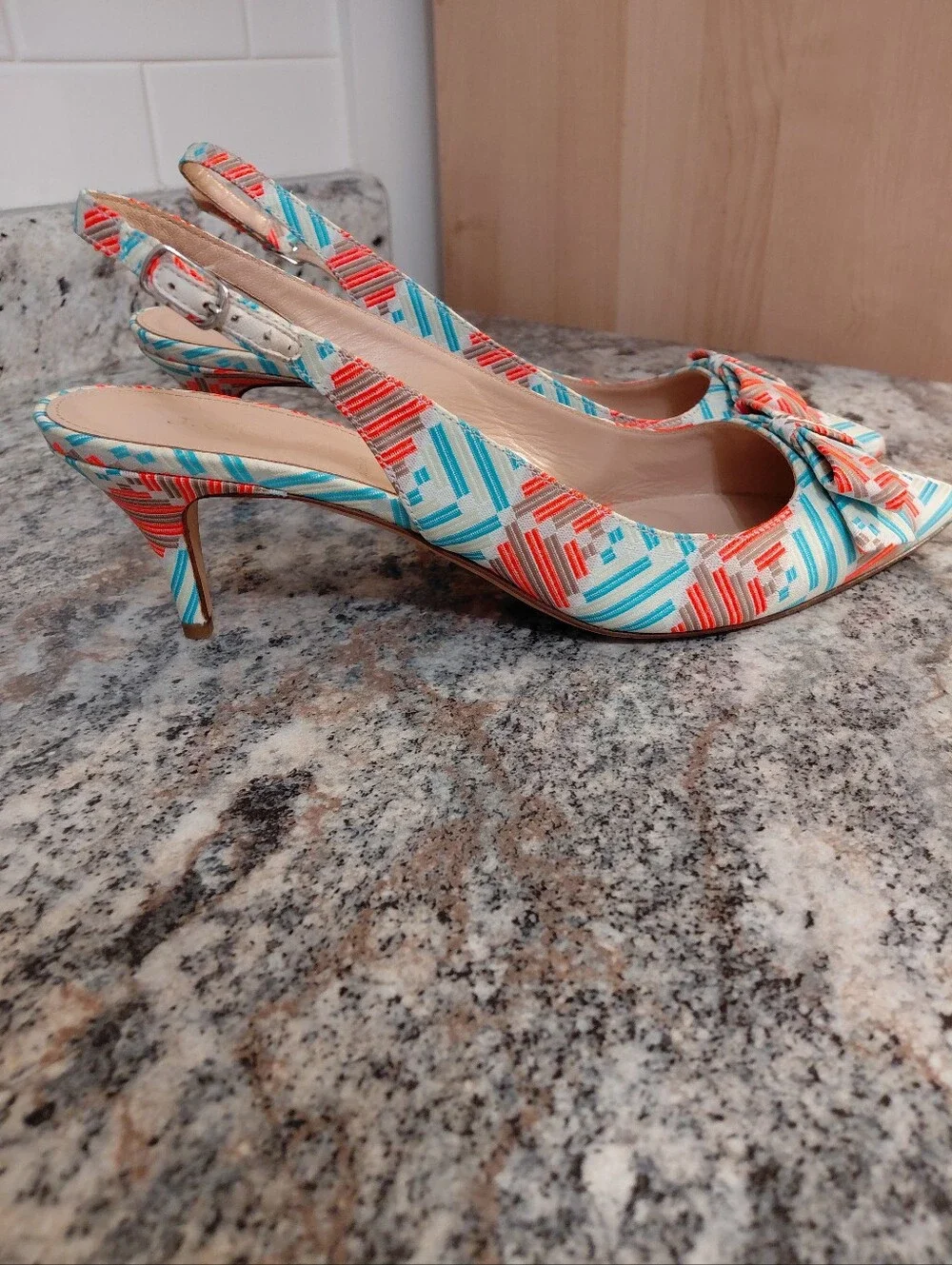 J. Crew Teal & Coral Leather Slingback Heels With A Bow